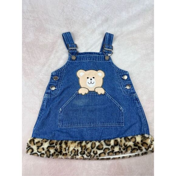 Vintage Y2K Girls 2T Cheetah Print Teddy Bear Jumper Denim Dress - Picture 4 of 6